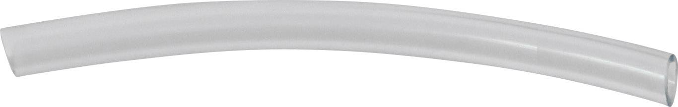 A transparent, slightly curved plastic tube, potentially for liquid transportation, against a white background.