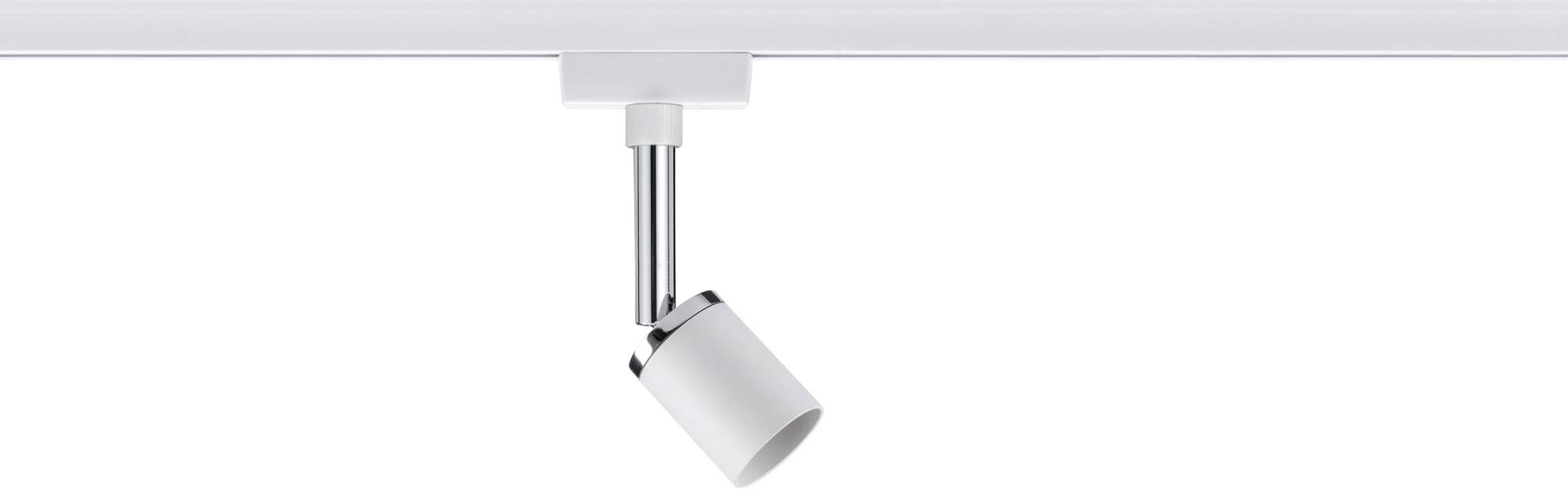 White ceiling light with silver articulated arm, mounted on a track, angled downwards. Suitable for directional lighting.