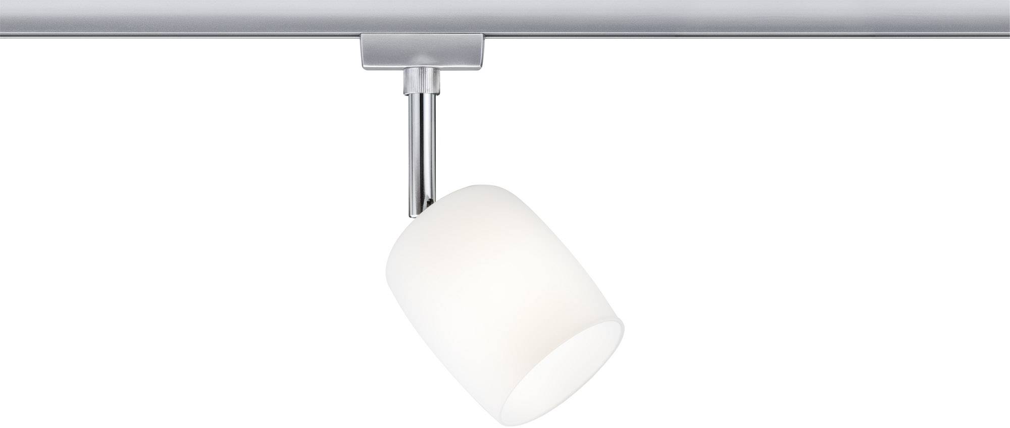 A single, contemporary ceiling light with a cylindrical, white shade, mounted on a silver track.