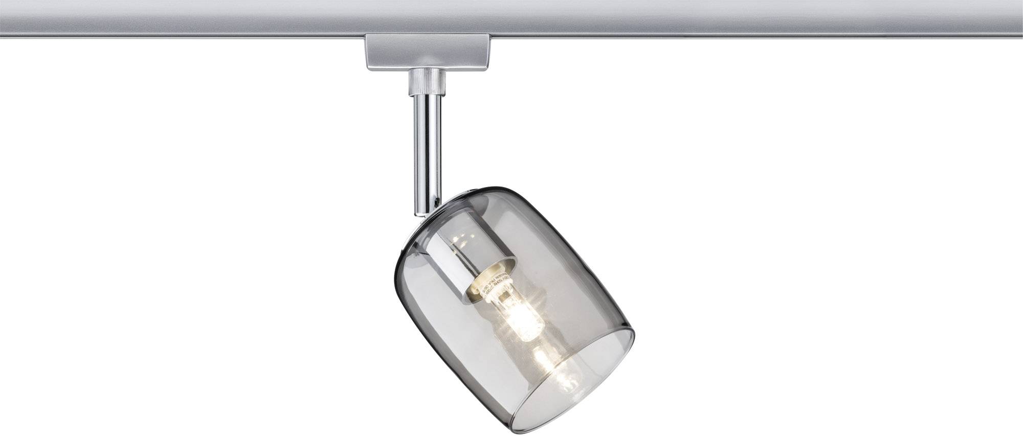 A single ceiling light with a metallic mount and a semi-transparent, smoke-grey shade, housing a light bulb.