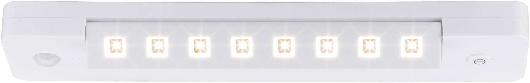 White LED light with eight illuminating diodes, rectangular in shape, suitable for wall mounting. Sensors are visible on the left and right edges.