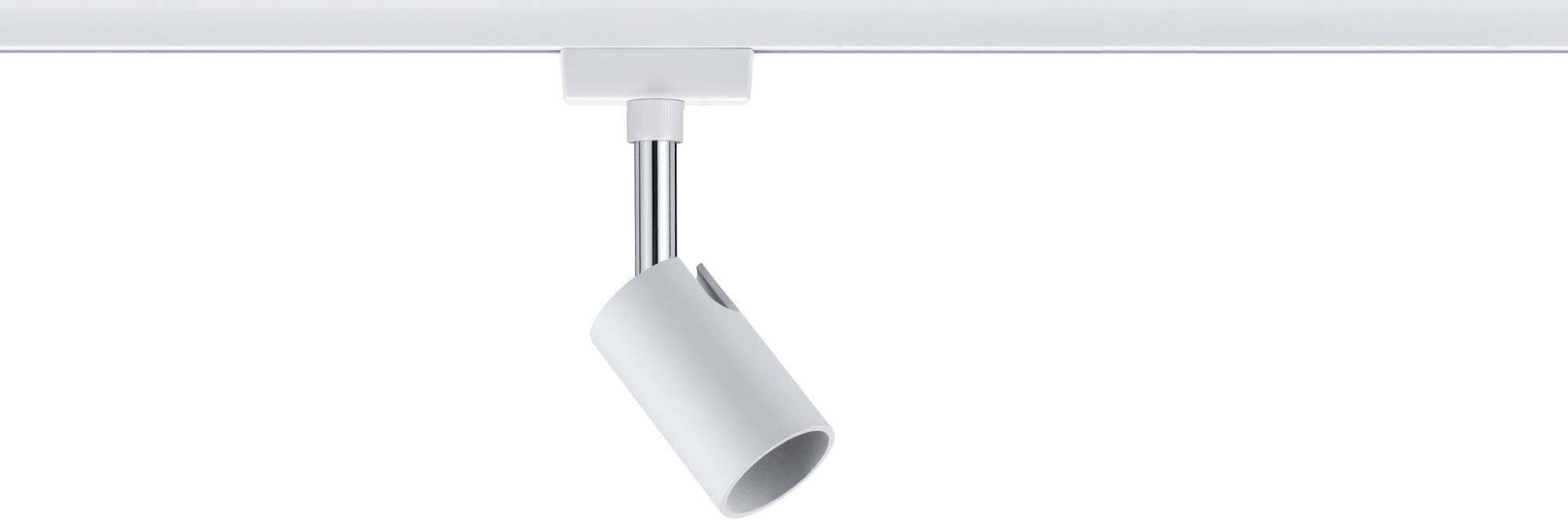 A white, cylindrical spotlight on a track, pointing downwards. Suitable for directional lighting in interior spaces.