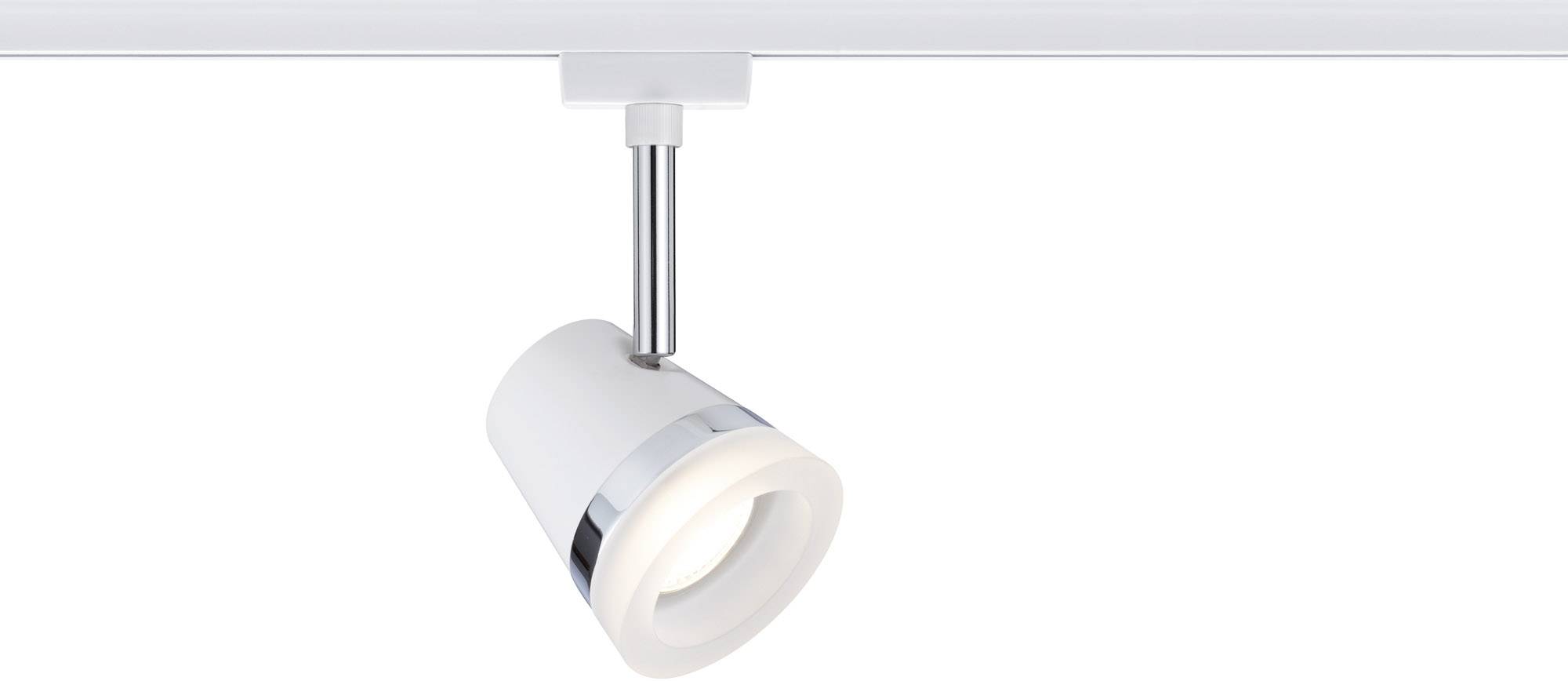 A white LED spotlight with an adjustable head is mounted on a track and shines downwards.