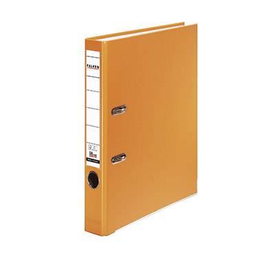 Orange ring binder with two metal rings on the side, for filing documents.