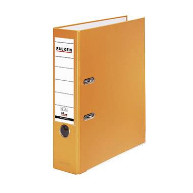 A burnt orange Falken lever arch file stands slightly open and upright.