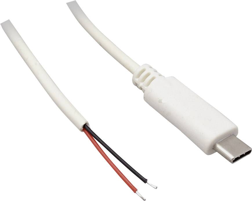 A USB-C cable with an open end shows exposed black and red wires.