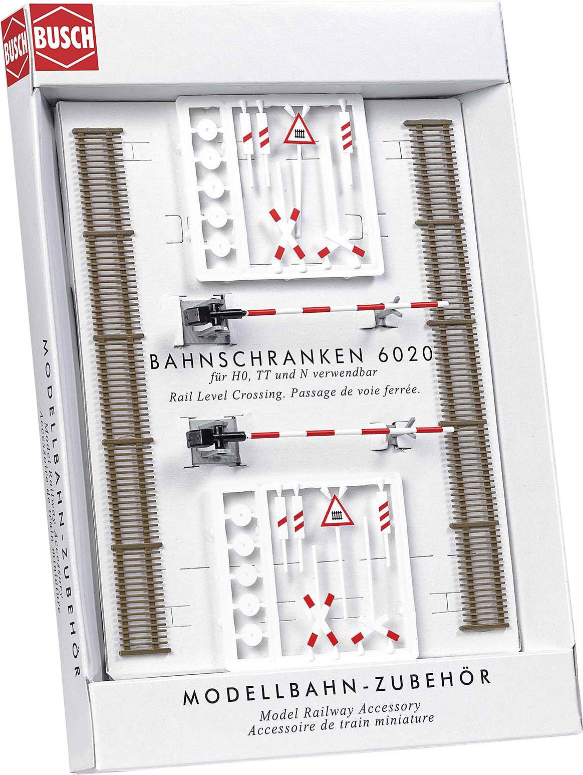 Model Railway Accessories: Level Crossing Barriers 6020 for H0, TT and N. Includes barrier systems and accessories. Brand: Busch.