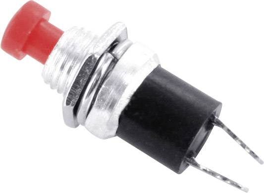 A small push-button switch with a red button, silver metal thread, and black plastic surround. Two metal pins protrude.