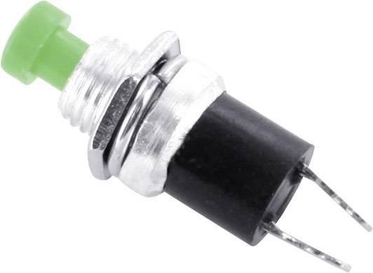 Small green push button with silver casing and two connecting wires, suitable for electronic circuits.