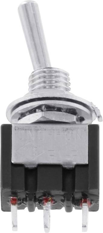 A toggle switch with multiple metal terminals on the underside and a long lever handle at the top, used for electrical circuits.