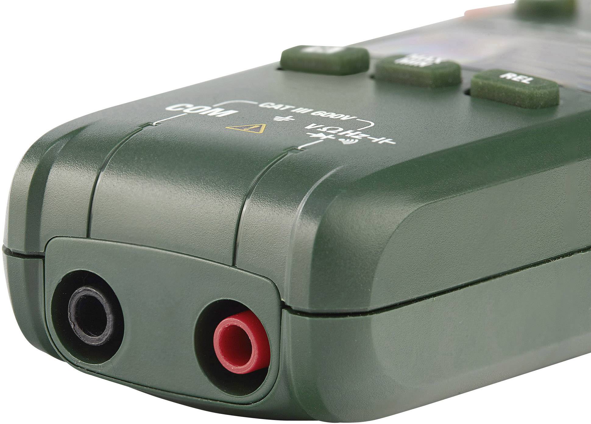 Green multimeter, front view. Shows two connection sockets, black and red, for test leads. Test function visible.