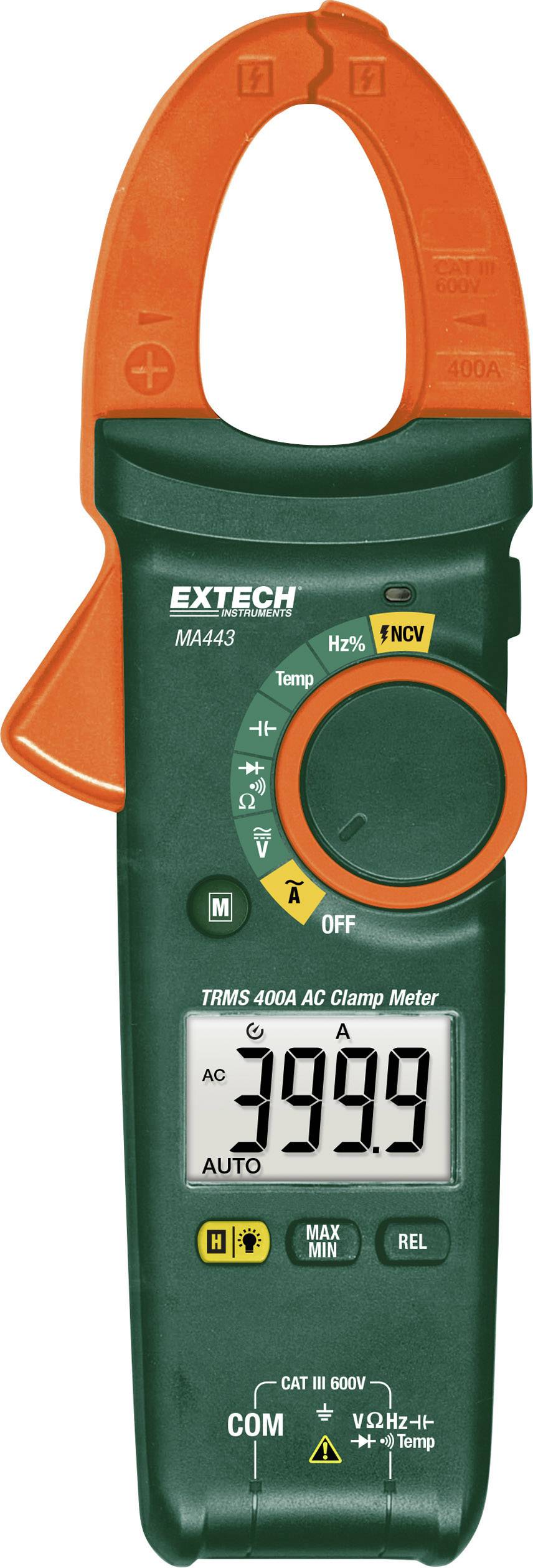 A green clamp meter multimeter displays '399.9' on the screen. It is measuring alternating current with orange clamps. Brand 'EXTECH'.