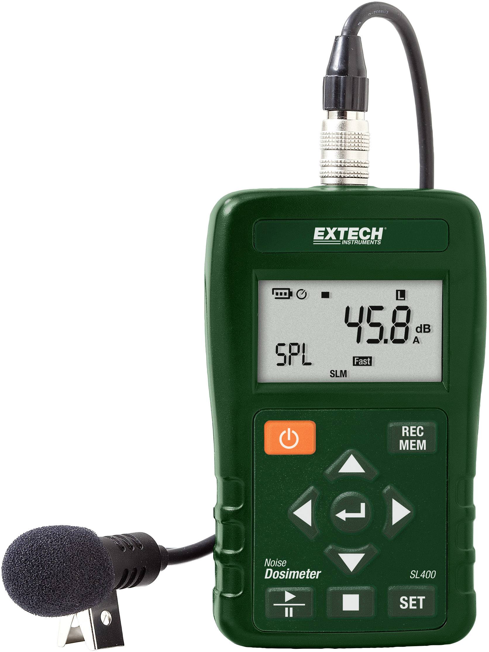 A green noise dosimeter with a microphone displays '45.8 dB SPL' on the screen.