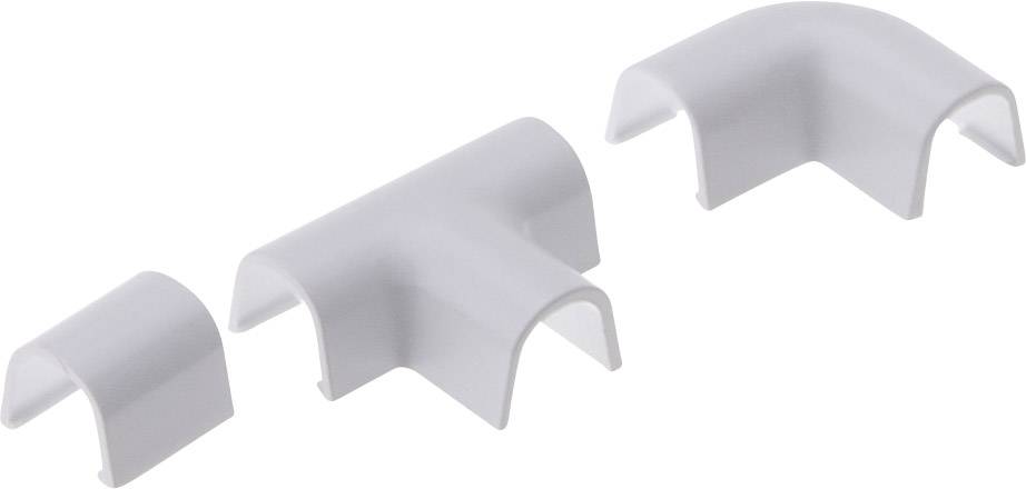White plastic cable trunking connectors: two straight and one angled piece connect cable trunking to form a continuous system.