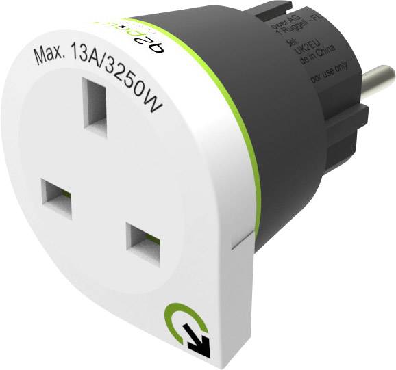 A universal adapter plug for international sockets, marked 'Max. 13A/3250W', suitable for UK plugs.