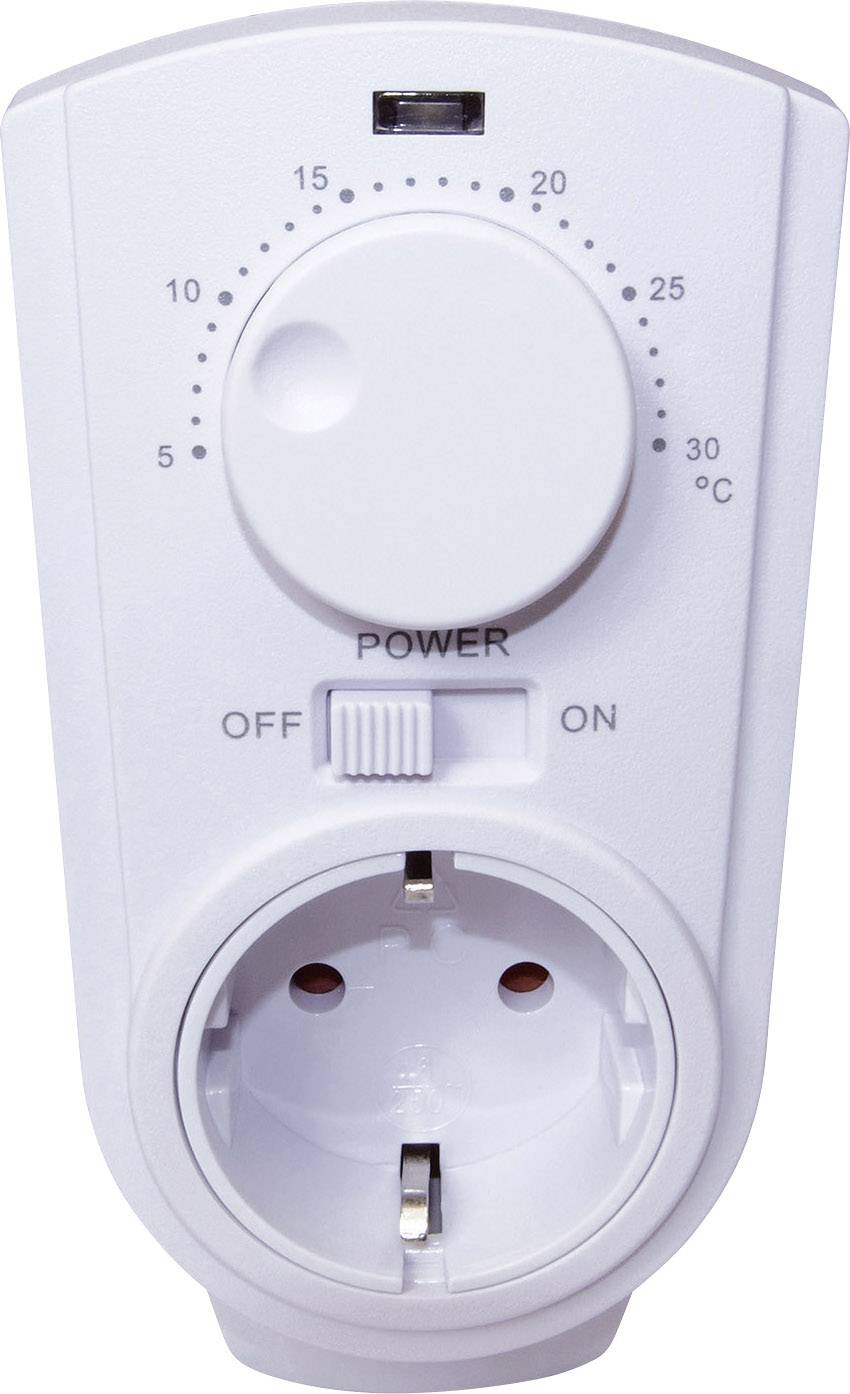 Electric timer with rotary dial for setting time from 0 to 30 minutes, on/off switch, socket located at the bottom.