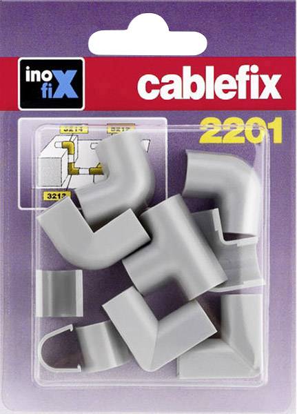 Packaging with grey cable channel corners, brand 'cablefix', model number 2201. Illustration shows application on walls.