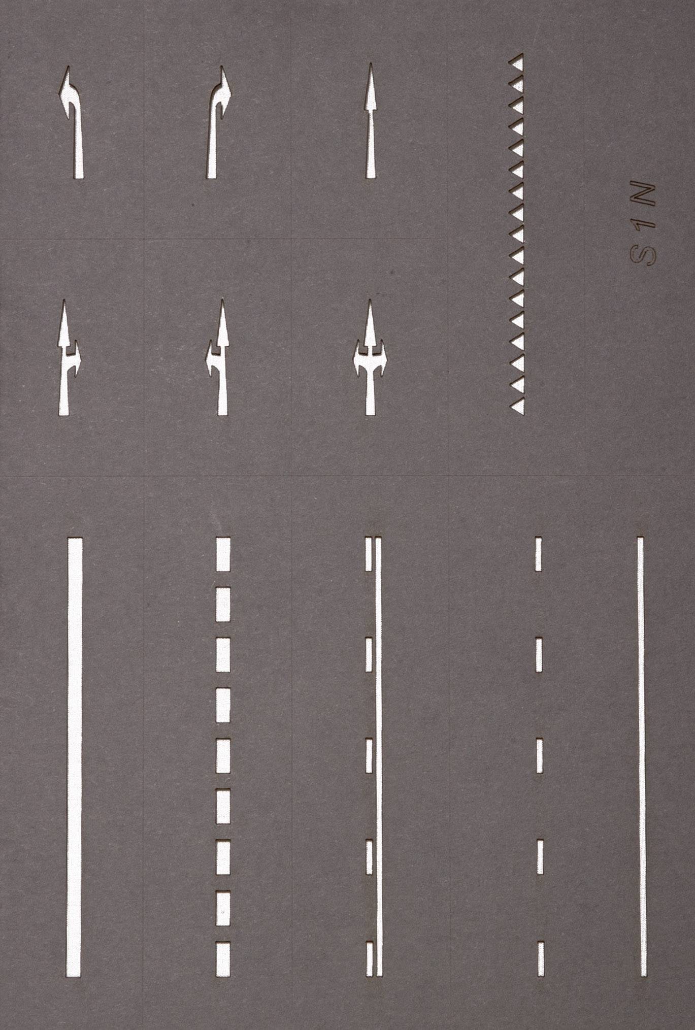 Road markings: left turn, going straight ahead, right turn, solid line, dashed line, arrows, N/S.