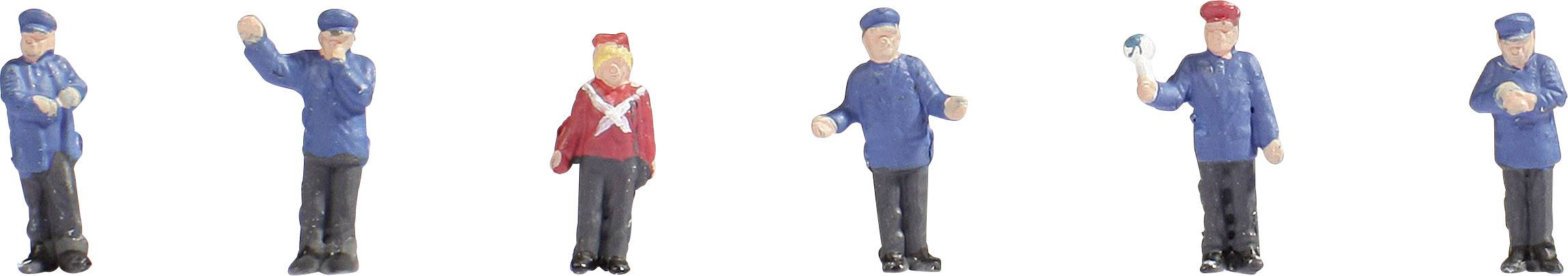 Six miniature figures in uniforms stand side by side. Three wear blue caps, one a red cap. Two have blue uniforms, one red.