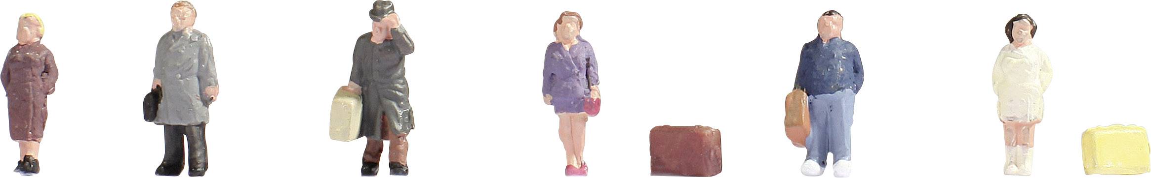 Six miniature figures, each with luggage, stand side by side. Various items of clothing suggest a travel scene.
