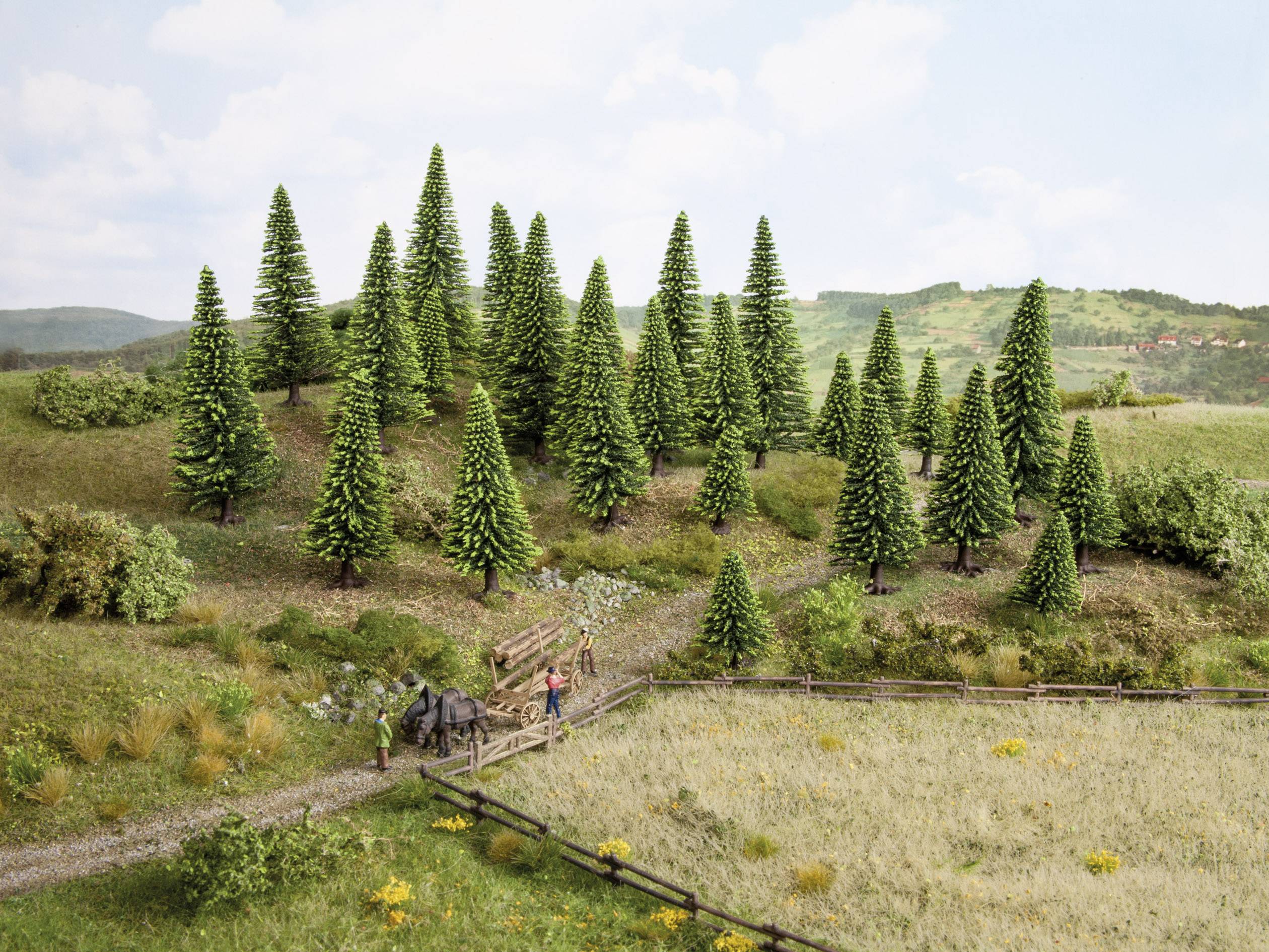 A rural scene with pine trees, meadows and a small fenced path, where two people are walking with a horse.