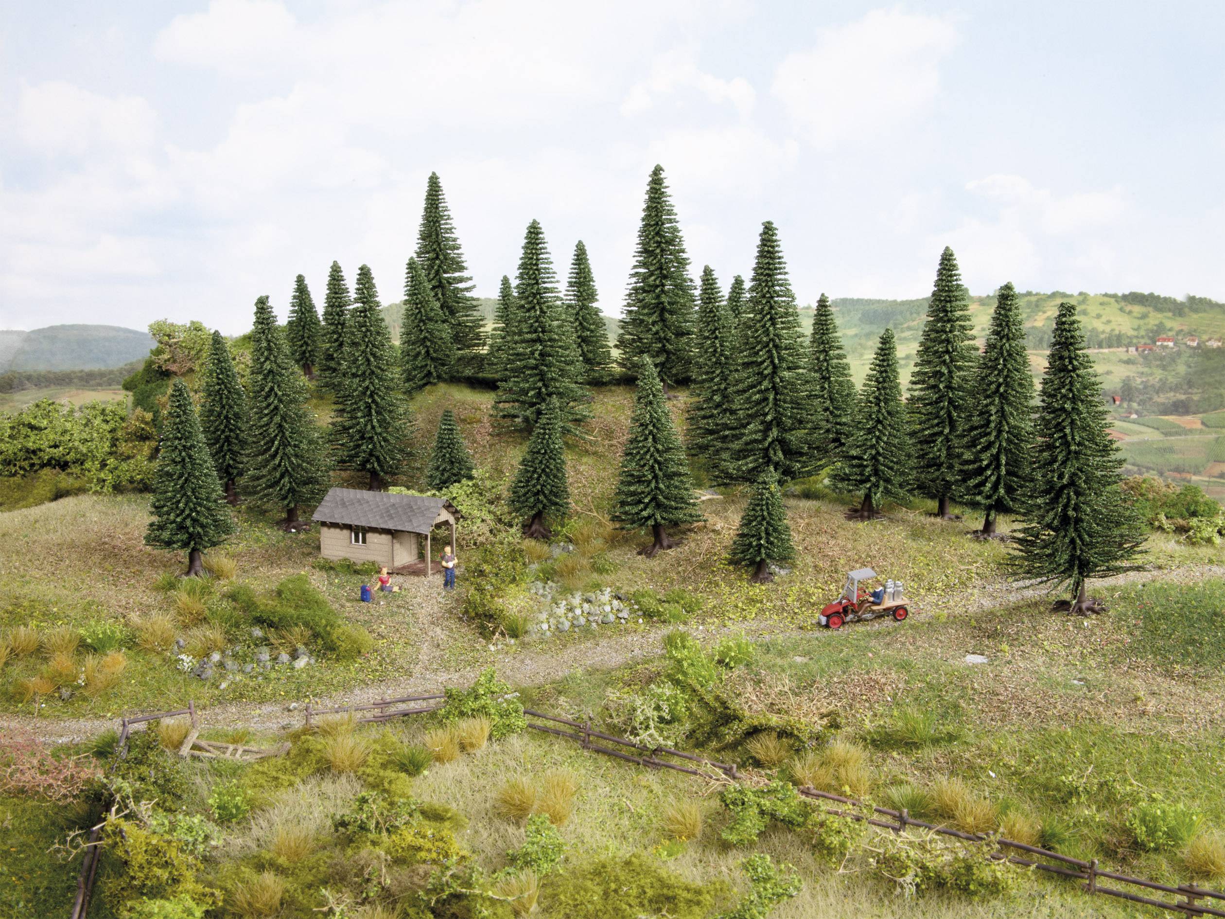 A rural scene with a small house surrounded by tall pine trees. A red tractor drives along a path through the hilly countryside.