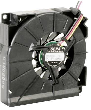 A black, square fan with the inscription 'SEPA DC BRUSHLESS'. It is connected by a multicoloured cable.