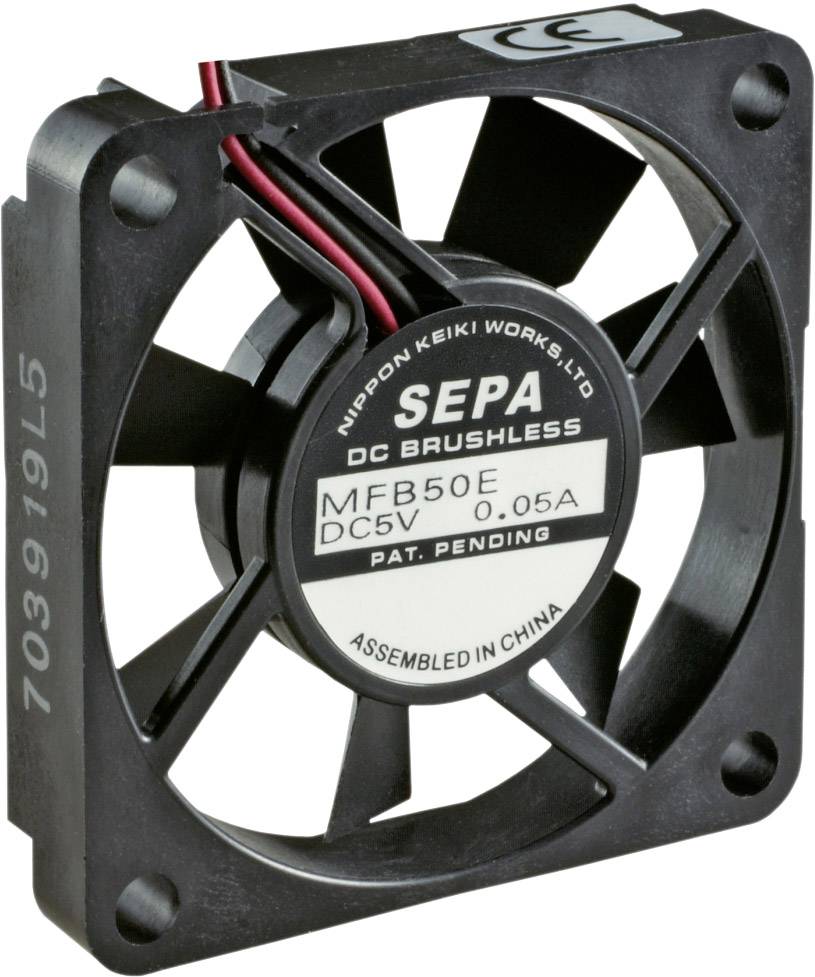 Small, black fan with cables, bearing the inscription 'SEPA DC Brushless, DC5V 0.05A, Assembled in China'.
