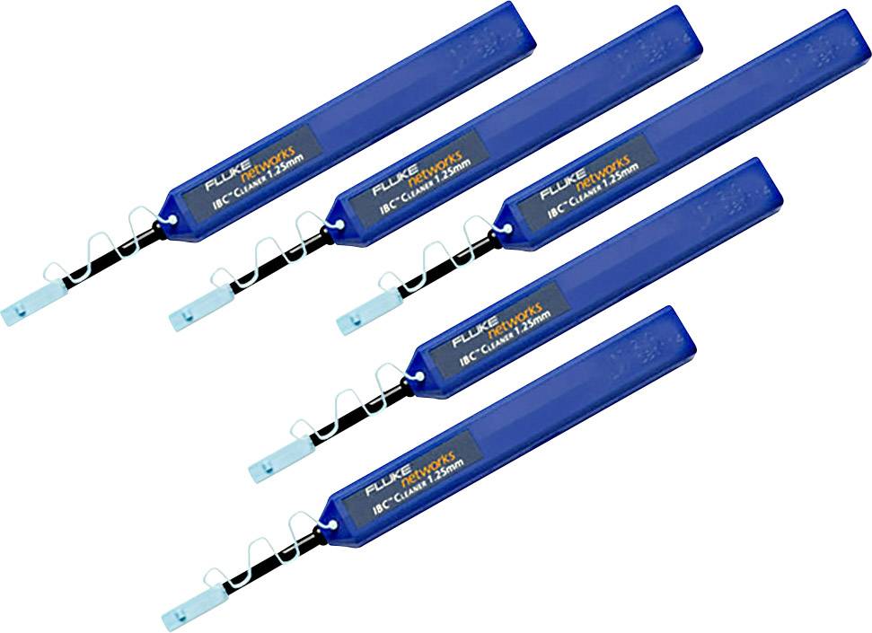 Five blue single-use fibre optic connector cleaning pens with trigger and visible cleaning tape. Suitable for 2.5 mm connections.
