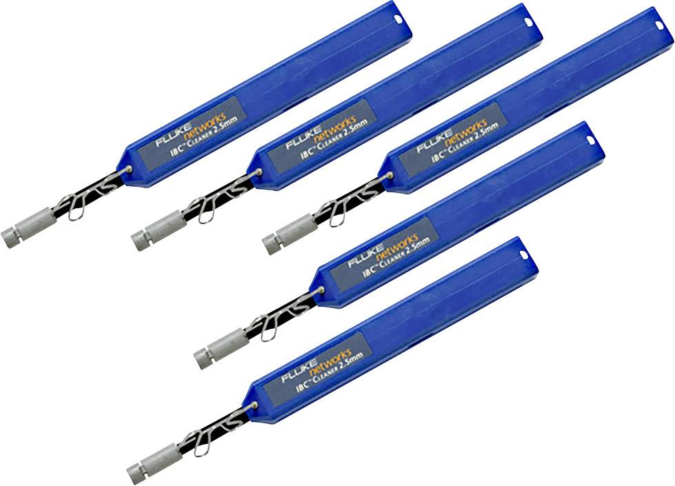 Five blue Fluke Networks tools for cleaning LC glass fibre connectors, each with a cap and wire winding, arranged diagonally.