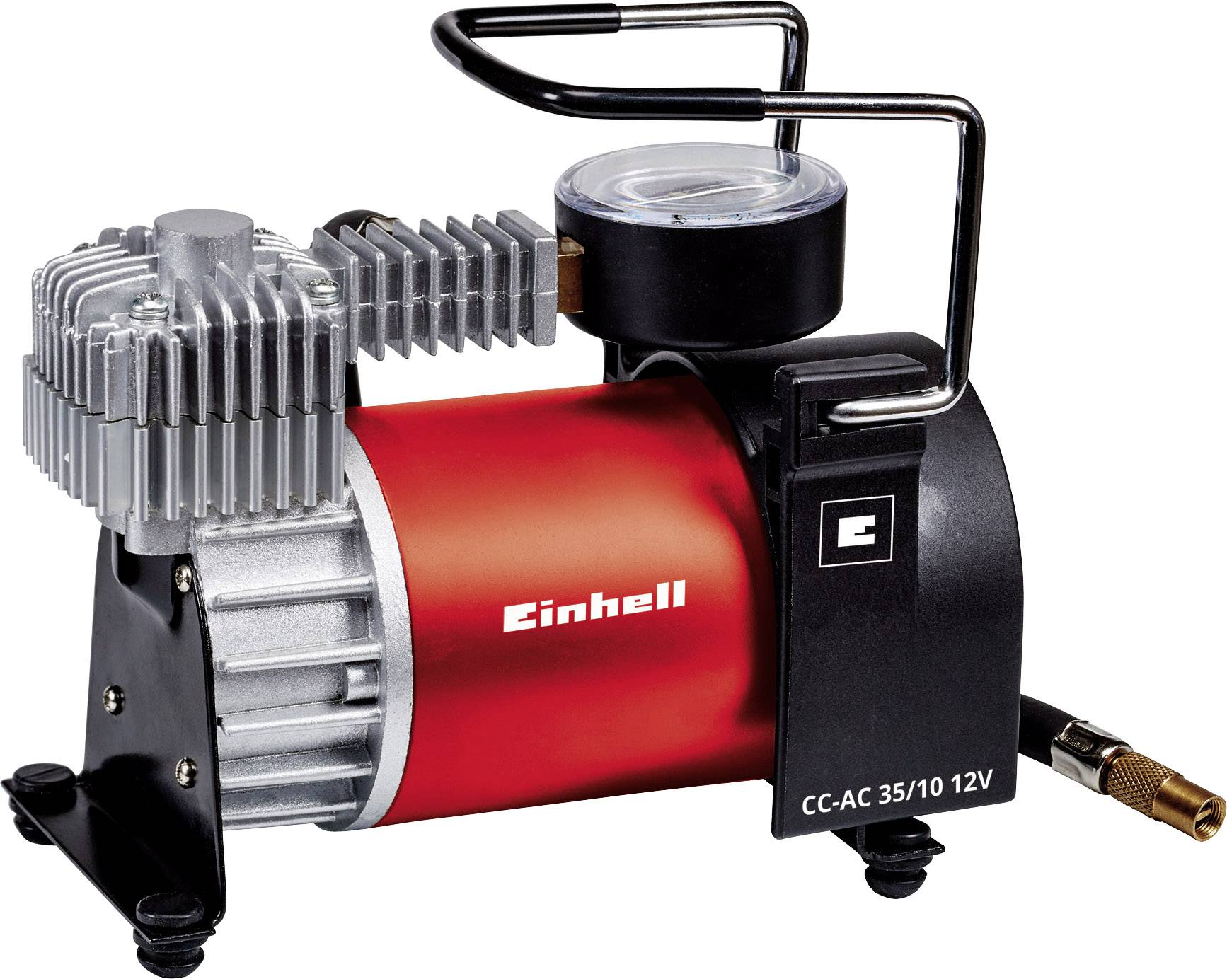 A red and black electric air compressor with a pressure gauge, brand shown is Einhell.