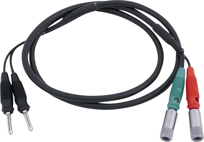 Two measuring leads with different connectors, marked black, red and green, for electrical measuring purposes.