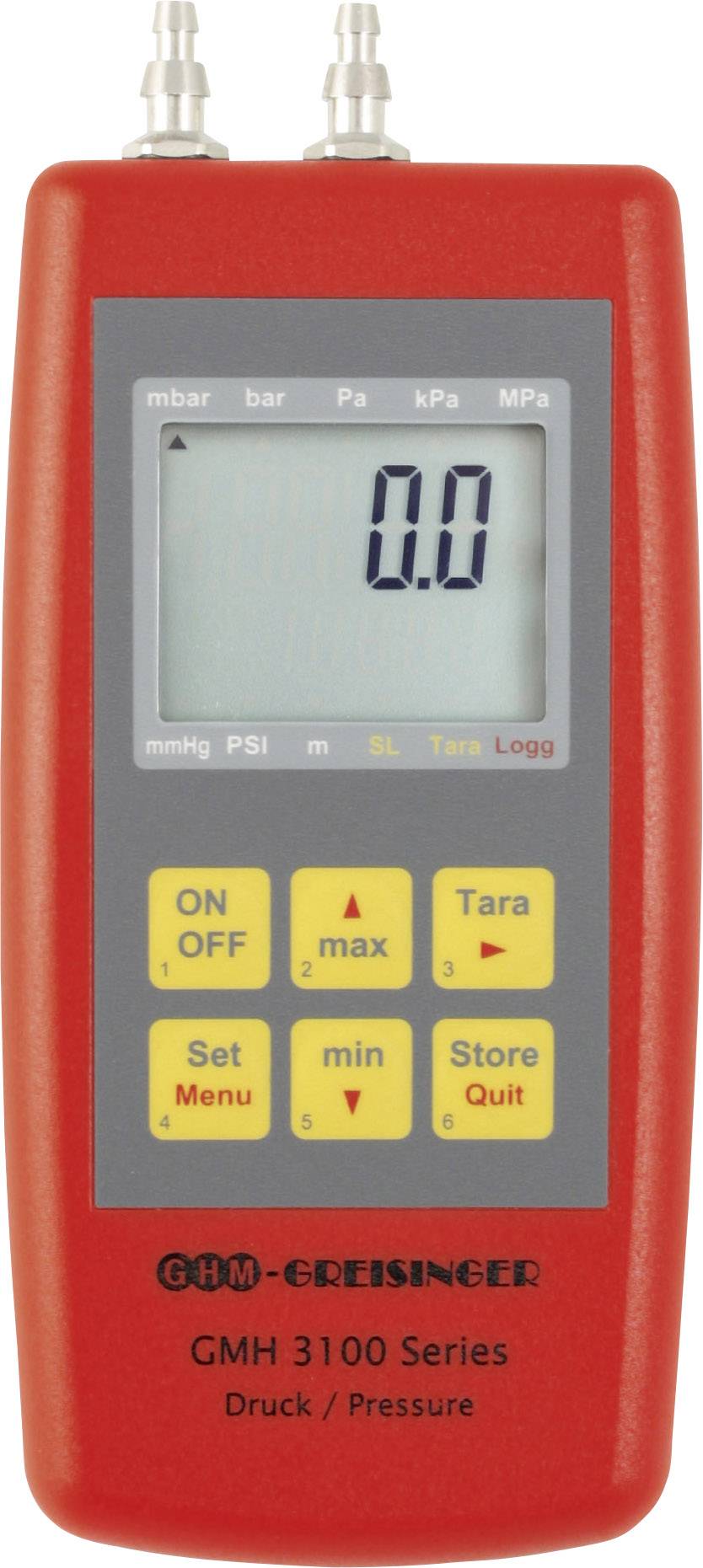 Red digital pressure gauge showing '0.0' on the display. Control buttons located beneath the display.