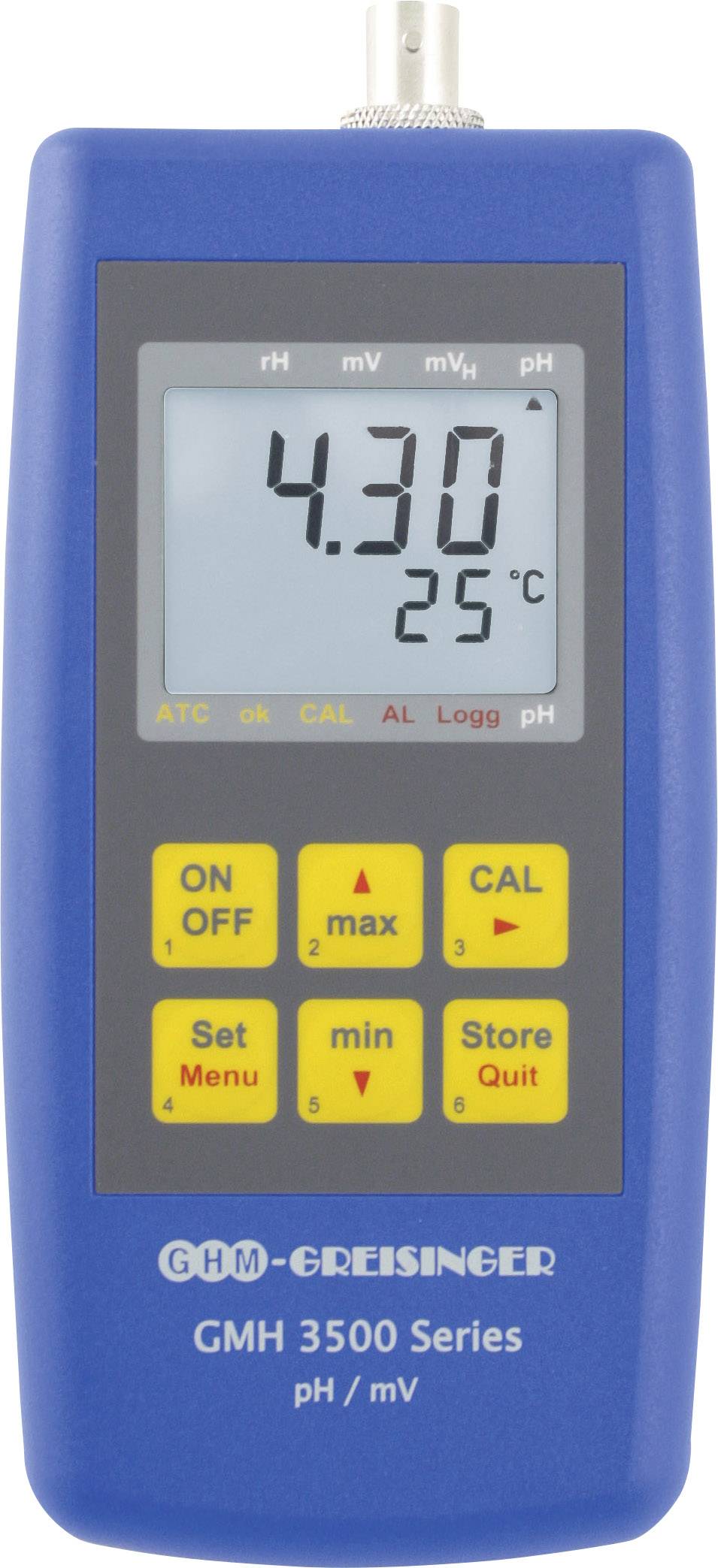 A digital measuring device with a blue casing and yellow buttons displays a pH value of '4.30' and '25°C'. Model: GMH 3500 Series.