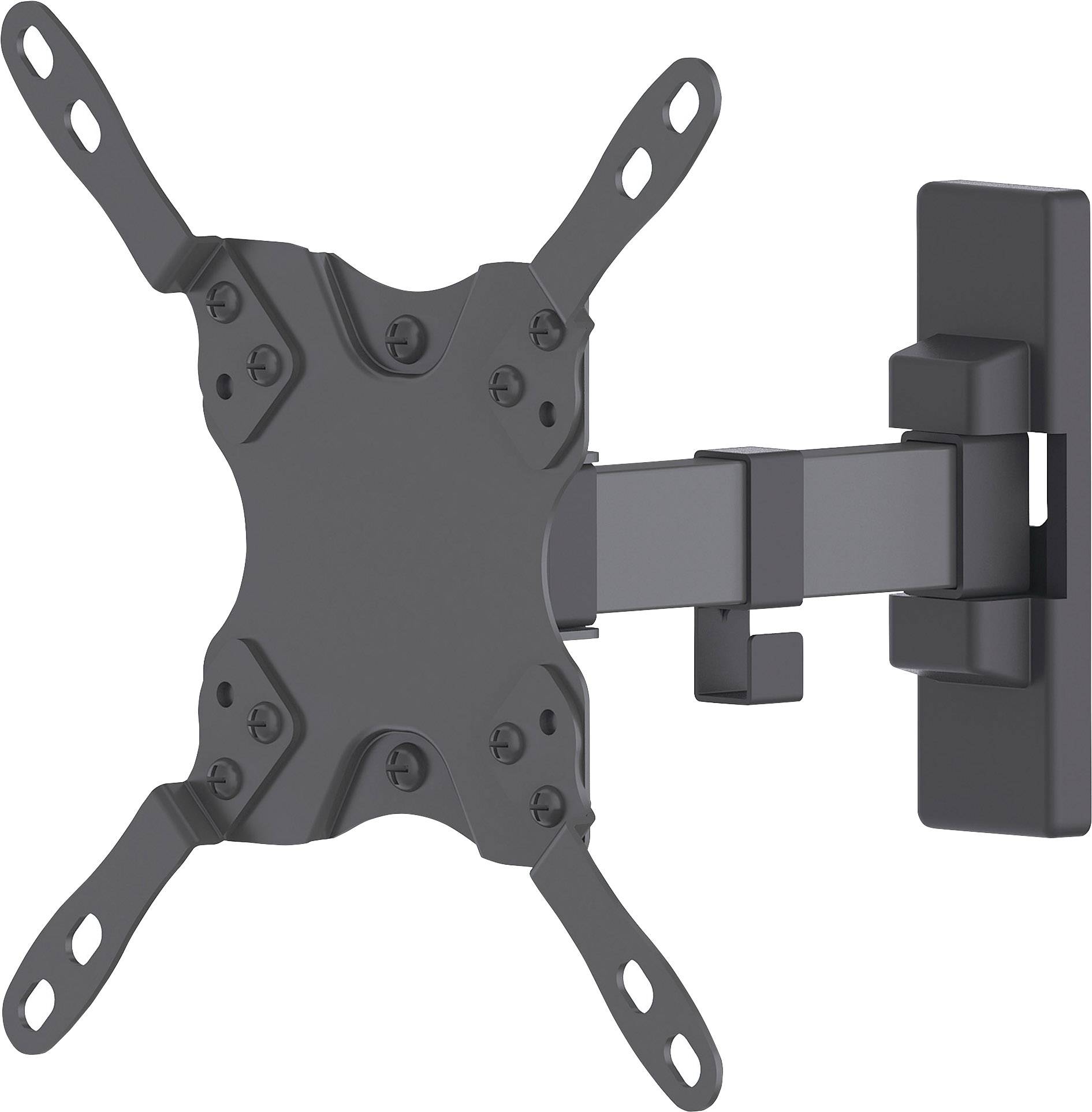 A black TV wall mount with a swivel arm, suitable for mounting flat-screen televisions on the wall.