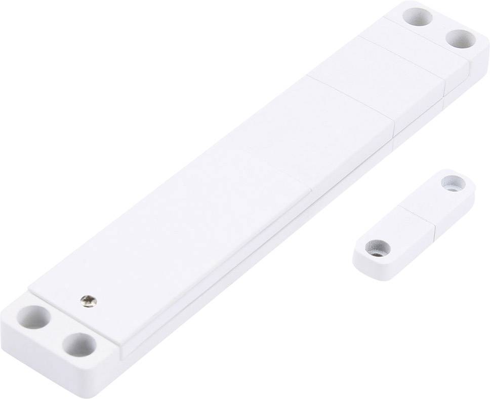 A white magnetic door or window sensor consisting of a large rectangular and a small rectangular part.