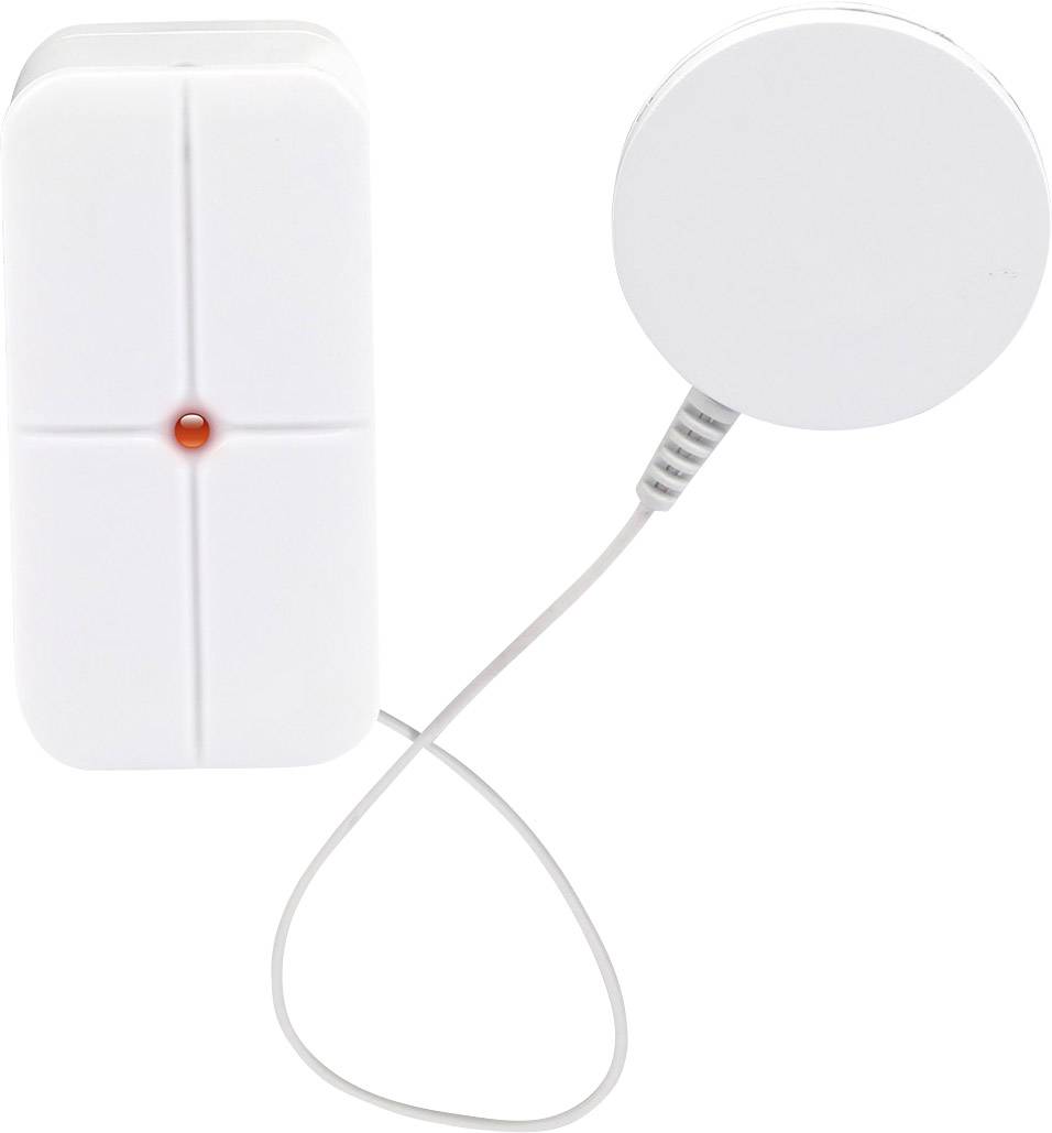 Ein weißer Wasserleckdetektor mit rundem Sensor und Kabel. Eine rote LED zeigt die Aktivität an. Gerät ist für Überwachung.
