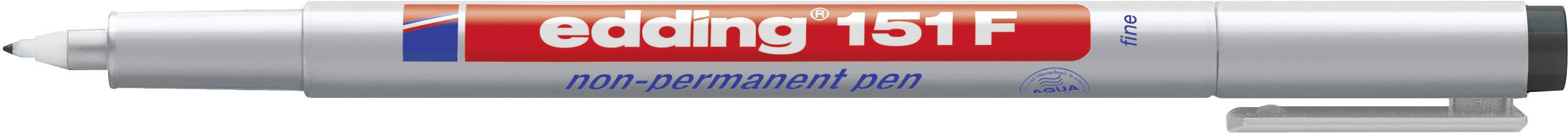 Silver Edding 151 F Non-Permanent Marker with blue writing and red logo on the cap, suitable for whiteboards.