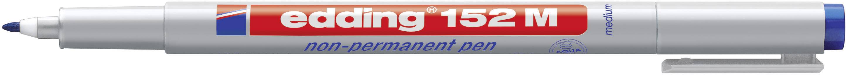 Grey, non-permanent marker with a blue cap and tip, brand name 'edding 152M' in red on the casing.