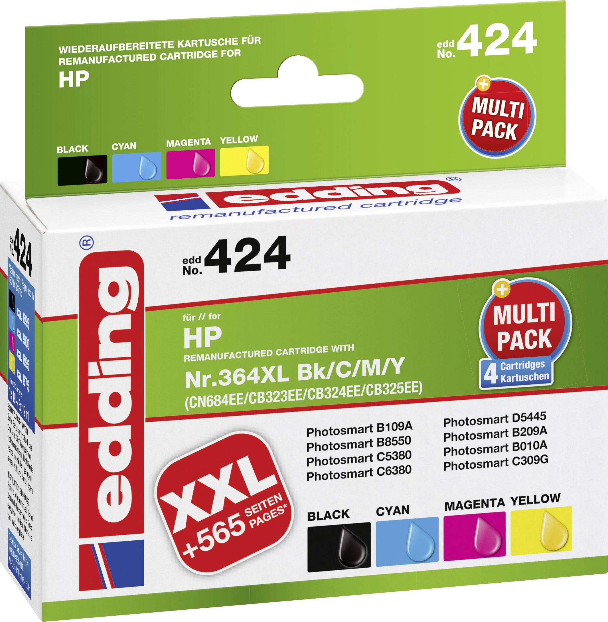 Edding Ink cartridge replaced HP 364XL, N9J74AE, CN684AE, CB323EE, CB324EE, CB325EE Compatible Set Black, Cyan, Magenta, Yellow