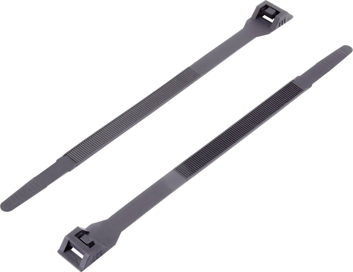 Two black plastic cable ties lying parallel to each other on a white background.
