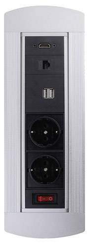 'Multi-socket': Vertical multi-plug with two power sockets, two USB ports, a network connection, and a switch.