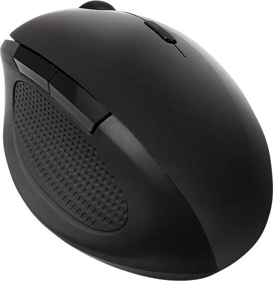 Black ergonomic computer mouse with rubberised thumb rest and two side buttons, wireless design.
