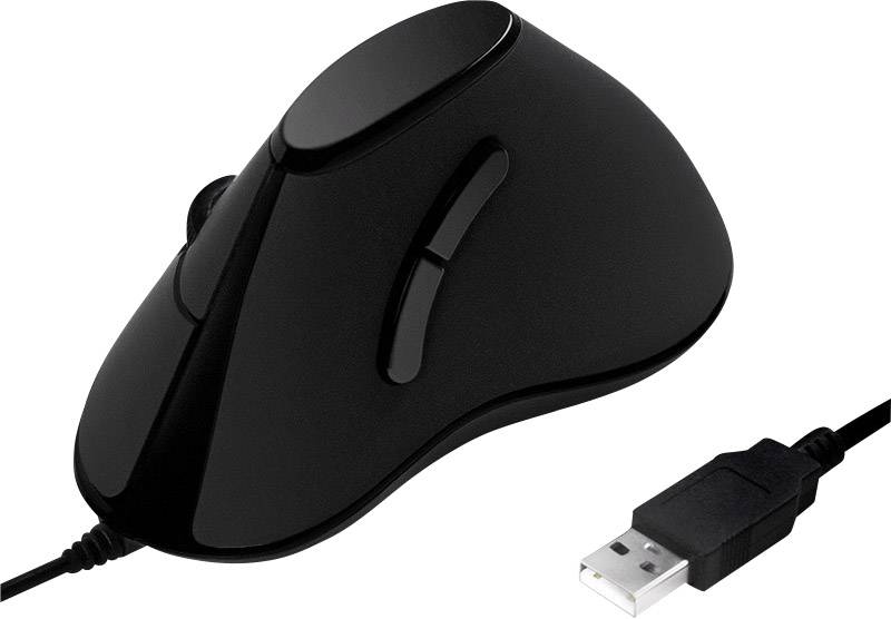 Black wired computer mouse with ergonomic design, USB connection visible.