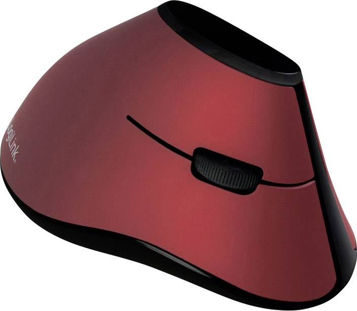 Ergonomic red mouse with vertical design, black-accented scroll wheel and a curved shape to relieve wrist strain.