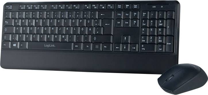 Black keyboard with full layout including numeric keypad. Beside it, a black wireless mouse. Arranged as a set.