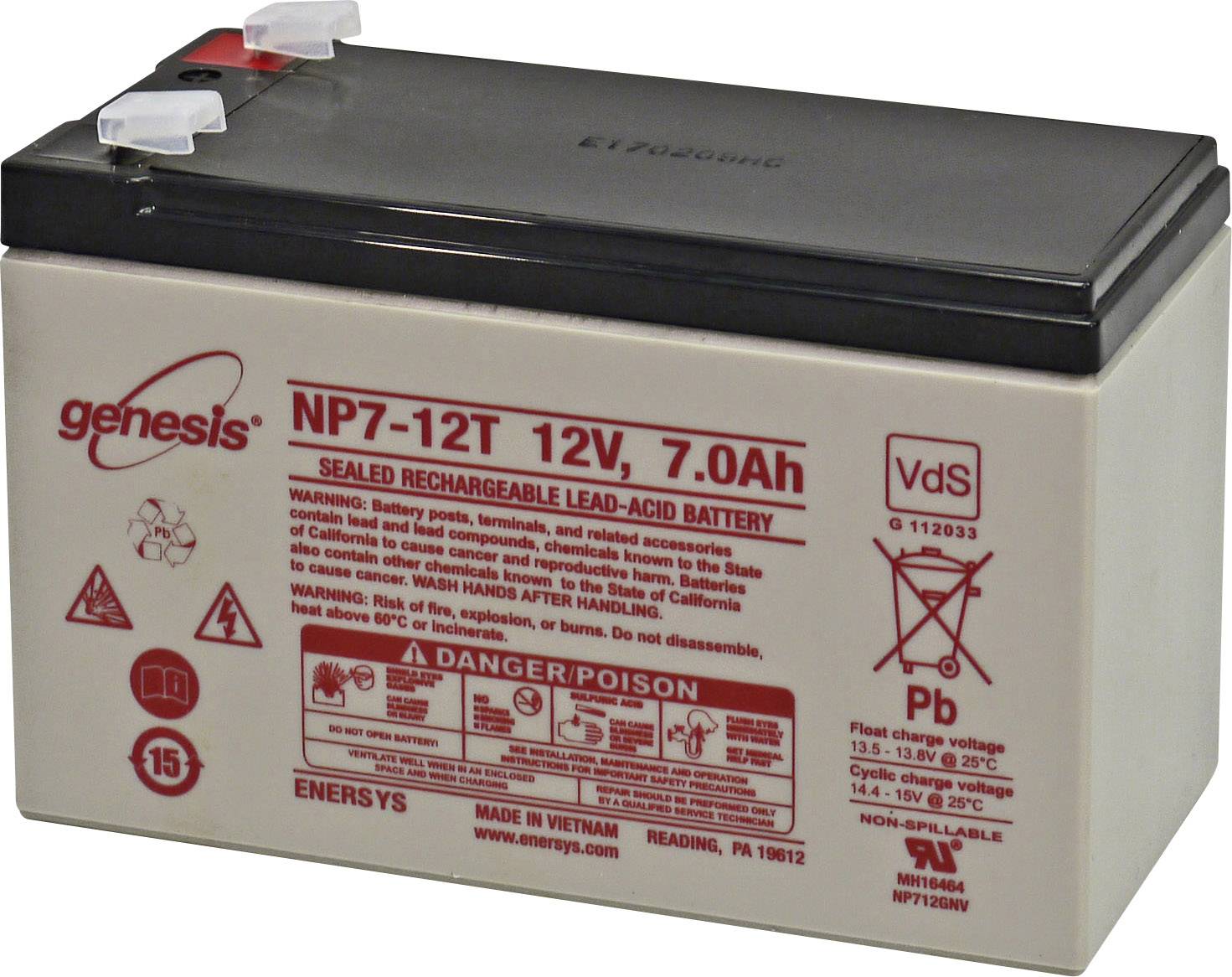 EnerSys Genesis NP7-12-WT VRLA 12 V 7 Ah AGM (W x H x D) 151 x 100 x 65 mm 6.35 mm blade terminal Maintenance-free, VDS