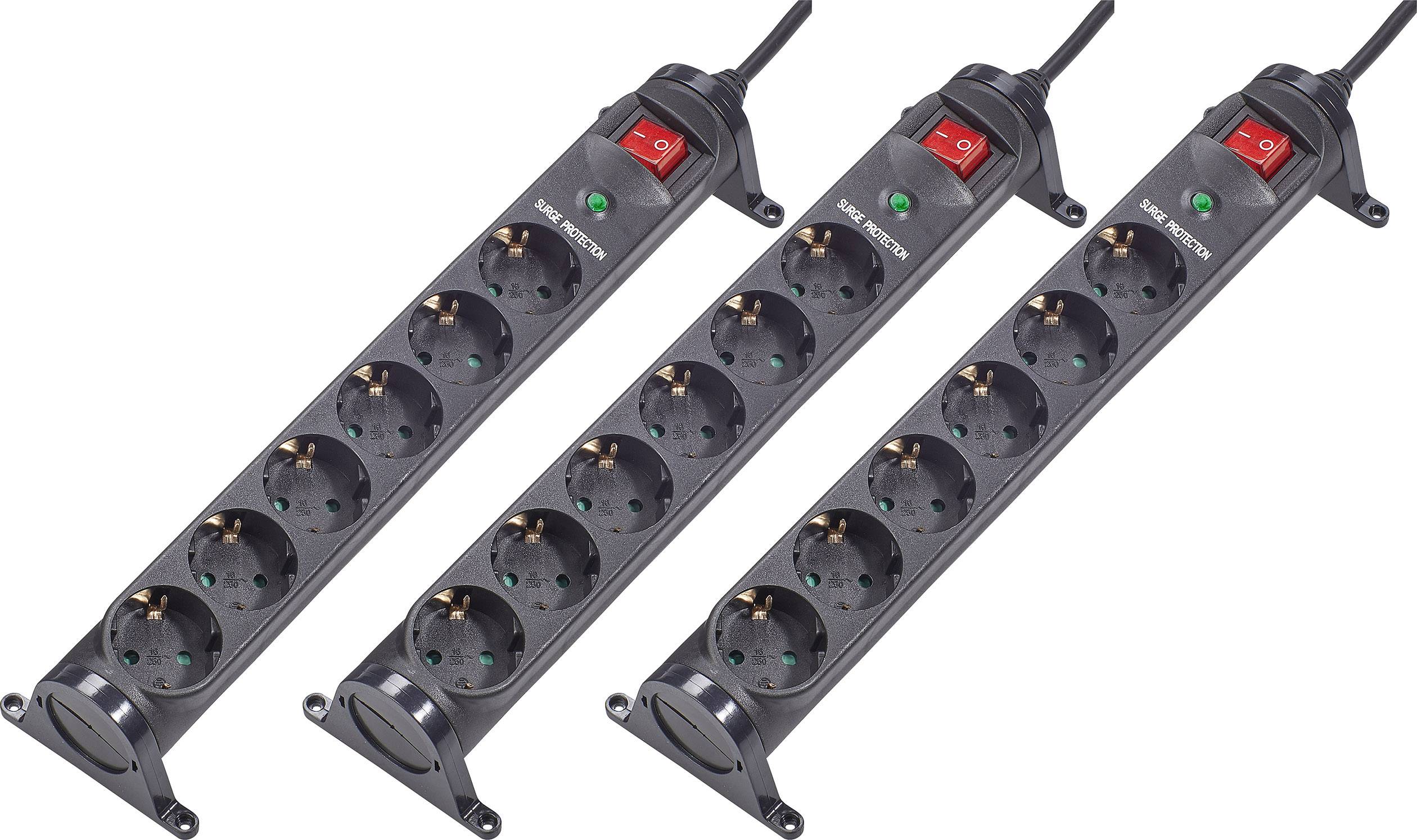 Three black multi-socket extension leads, each with six socket outlets and a red on/off switch. Suitable for electronic devices.