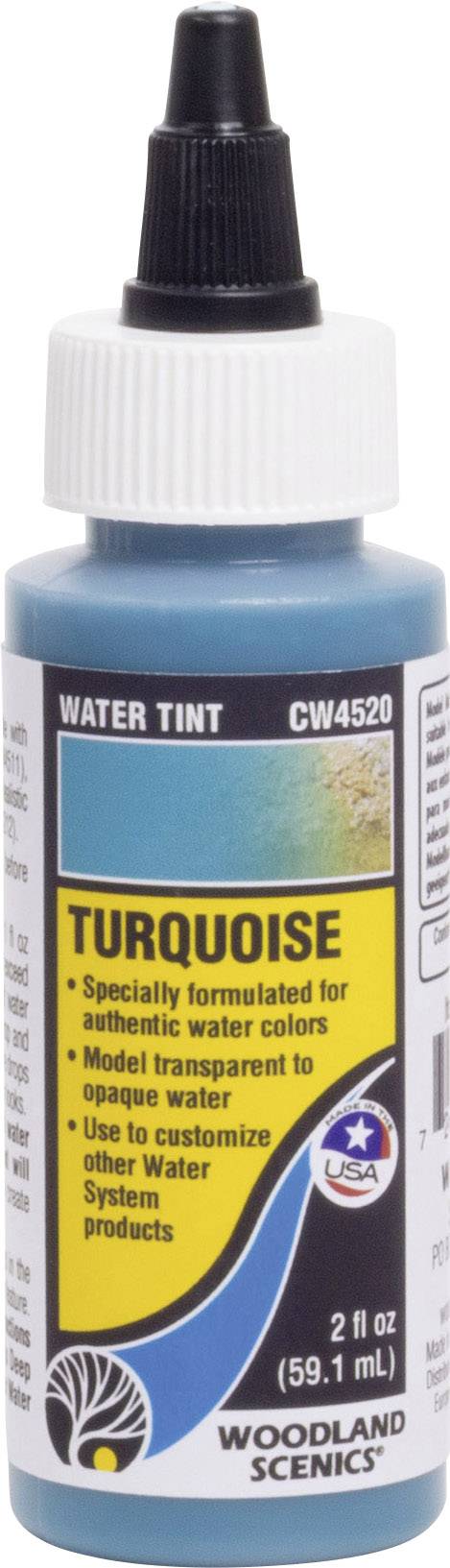 Bottle of turquoise water colour from Woodland Scenics. Label reads 'Turquoise'. Contains 59.1 ml. Manufactured for authentic water colours.