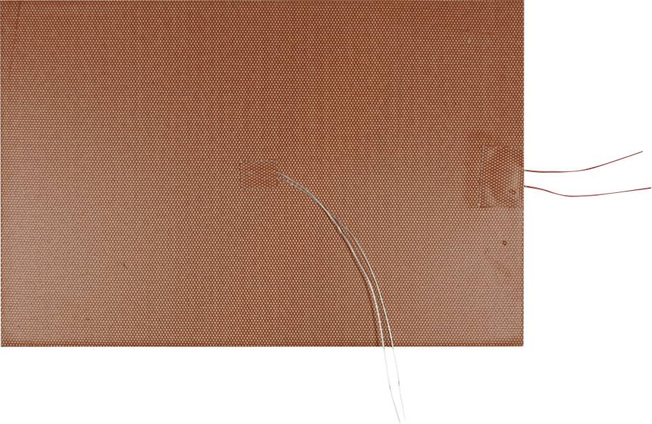 Brown, fabric-like heating pad with integrated wires. Two red wires leading to the right and several silver wires leading downwards.